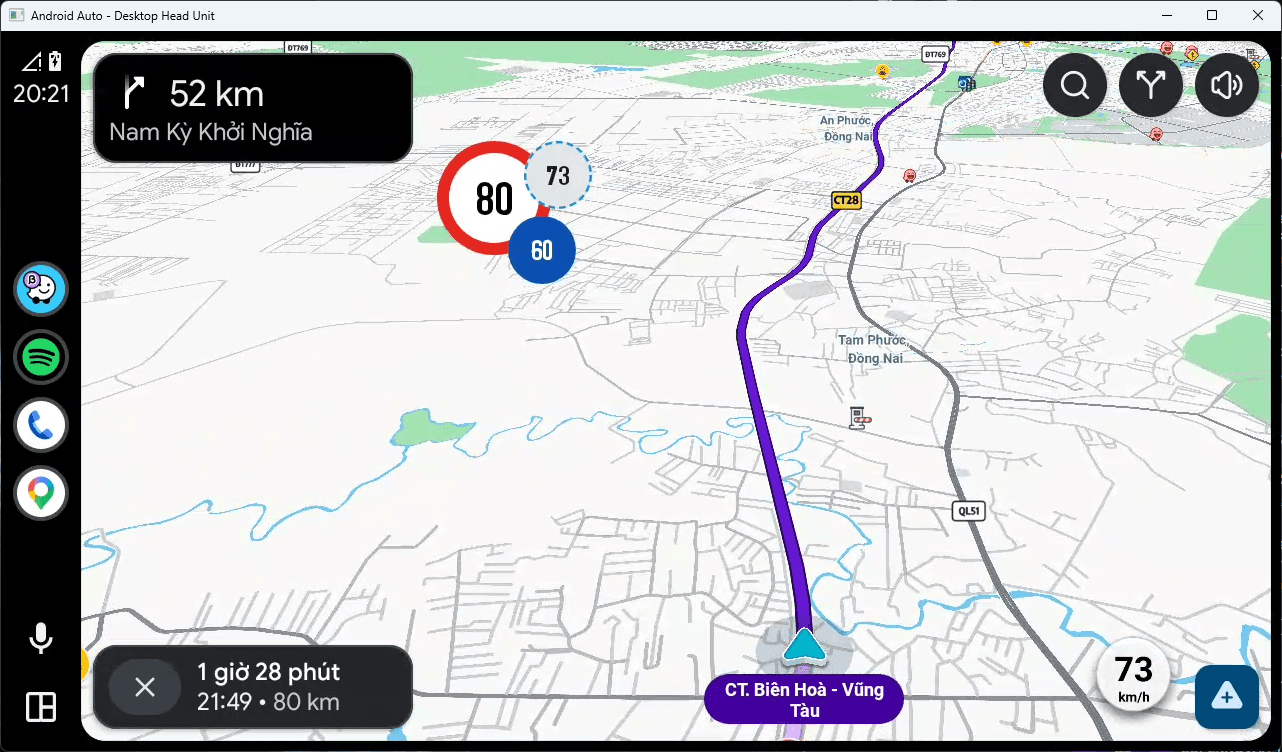Waze Mod trên Android Auto — biển giới hạn tốc độ ở bên trái màn hình xe hơi, cỡ lớn, dễ nhìn