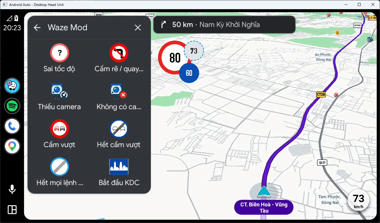 Báo cáo lỗi bản đồ ngay trên Màn hình Android Auto — Menu Waze Mod báo sai tốc độ, cấm rẽ, thiếu camera, cấm vượt...