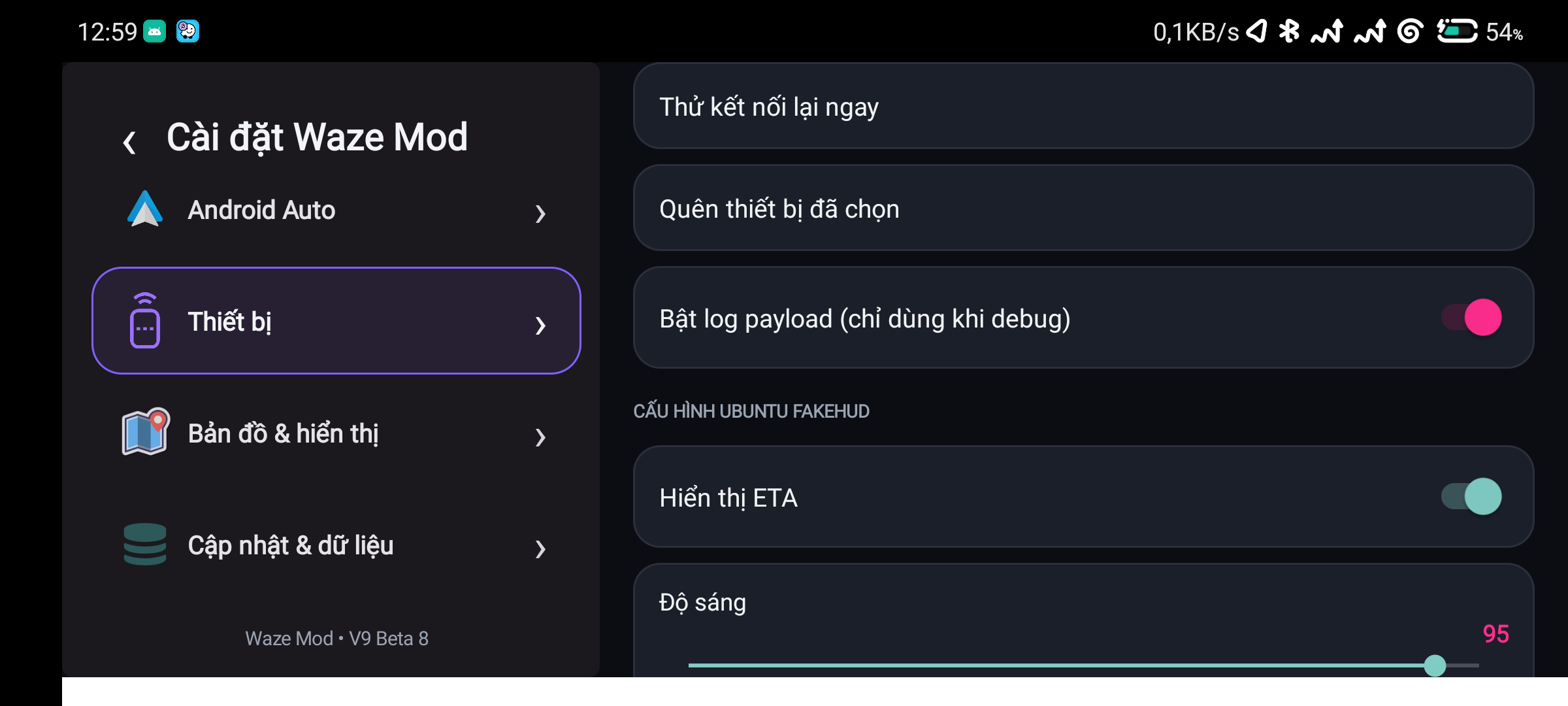 Thiết bị thật hiển thị toggle và thanh độ sáng do Ubuntu FakeHUD gửi lên